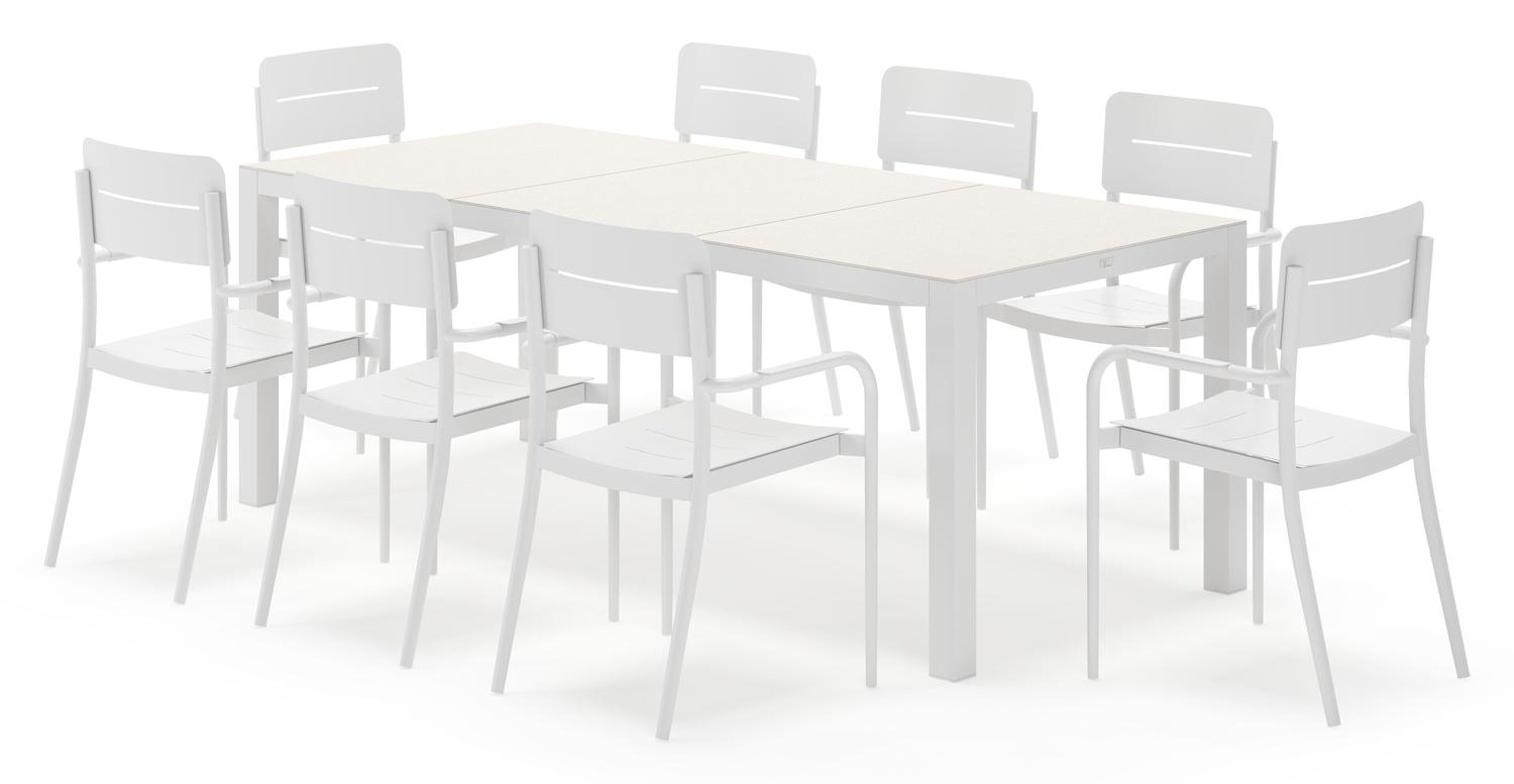 Toma tuinset rechthoekig in wit aluminium en sintered stone beige met 8 Salto tuinstoelen