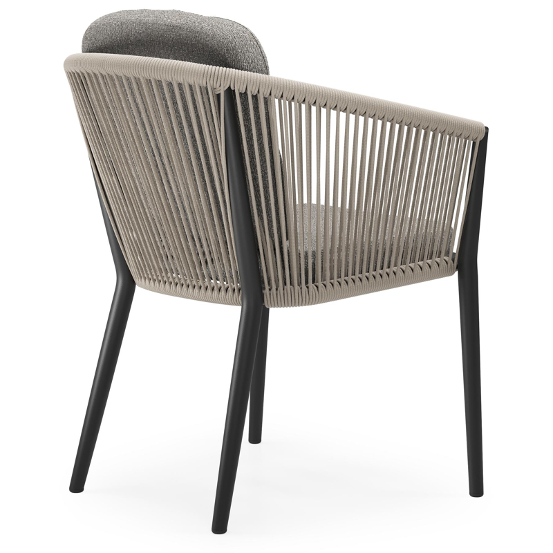 Orso tuinstoel in zwart aluminium en beige verticaal geweven ronde rope met luxe zitkussen in All Weather Sunbrella® Luxe Tundra Charcoal