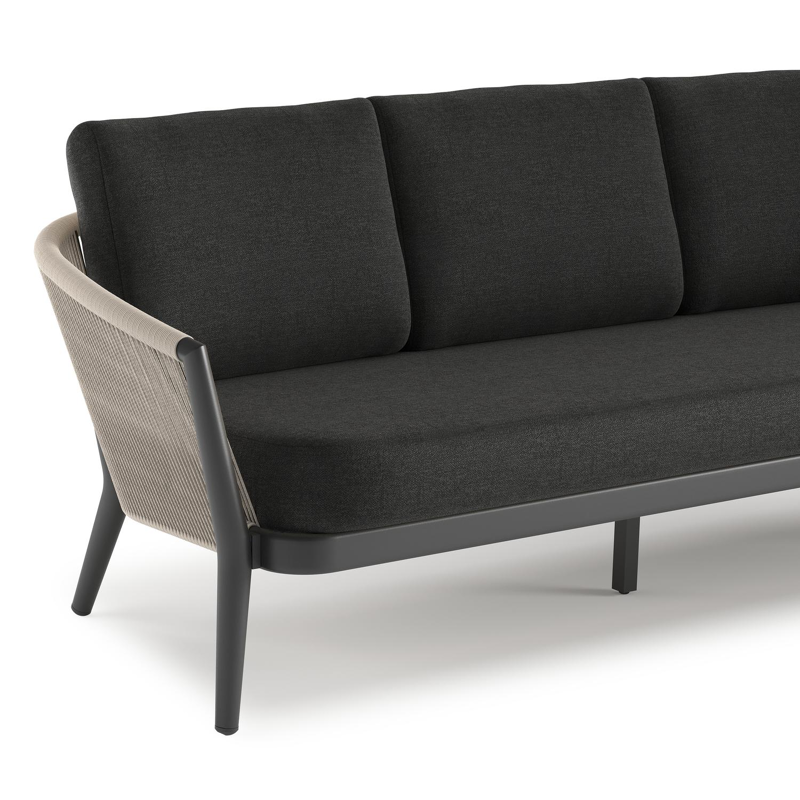 Orso loungeset in zwart aluminium en beige verticaal geweven ronde rope met Chartres Sooty all weather sunbrella® luxe kussen