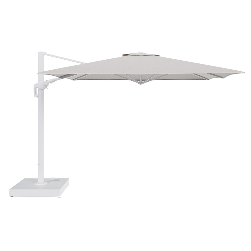 Minore zweefparasol met tiltfunctie in wit aluminium en Tundra Sand All Weather Sunbrella® Luxe parasoldoek - L1 350 x L2: 350 cm met parasolvoet Minore 260 kg met wielen