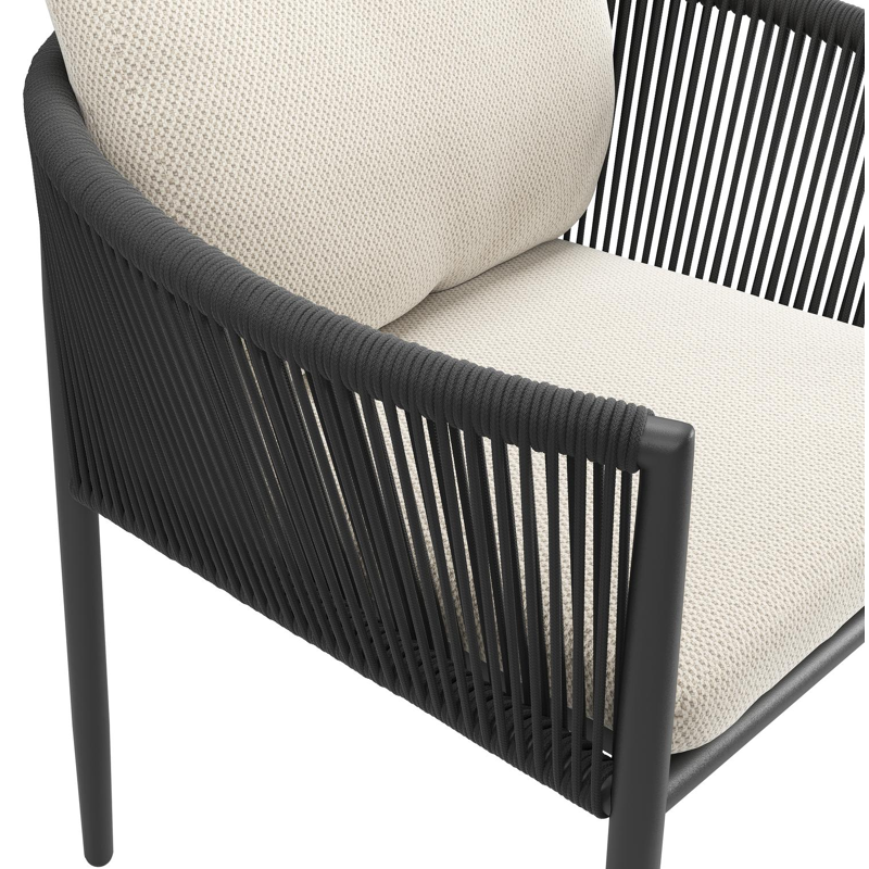 Organo tuinstoel in beige aluminium en beige verticaal geweven ronde rope met stoelkussen in All Weather Sunbrella® Luxe Lopi Marble