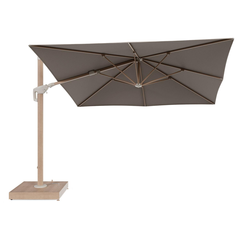 Minore zweefparasol met tiltfunctie in houtlook aluminium en Firenze Earth All Weather Solica parasoldoek - L1 350 x L2 350 cm met parasolvoet Minore 260 kg met wielen