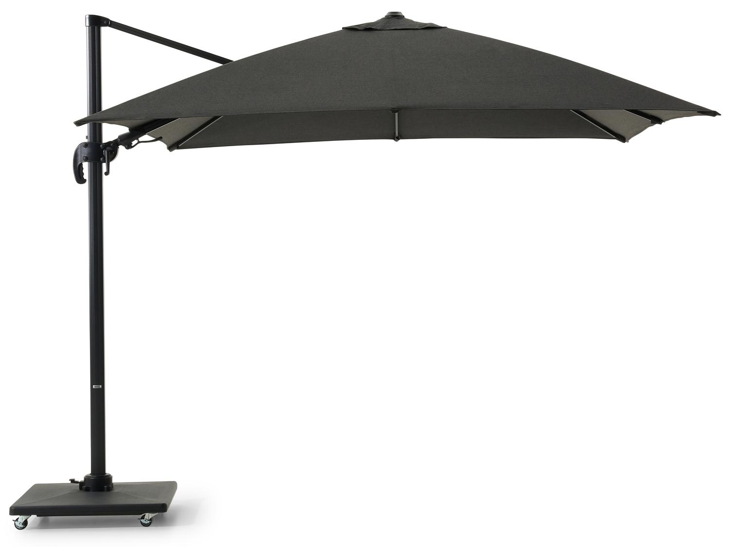 Avola zweefparasol met tiltfunctie in zwart aluminium en Natte Sooty Sunbrella® Premium parasoldoek - L1 300 x L2 300 cm met Avola parasolvoet 90 kg