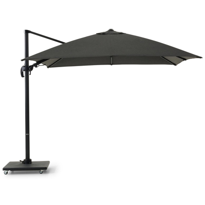 Avola zweefparasol met tiltfunctie in zwart aluminium en Natte Sooty Sunbrella® Premium parasoldoek - L1 300 x L2 300 cm met Avola parasolvoet 90 kg