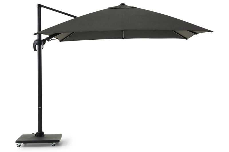 Avola zweefparasol met tiltfunctie in zwart aluminium en Natte Sooty Sunbrella® Premium parasoldoek - L1 300 x L2 300 cm met Avola parasolvoet 90 kg