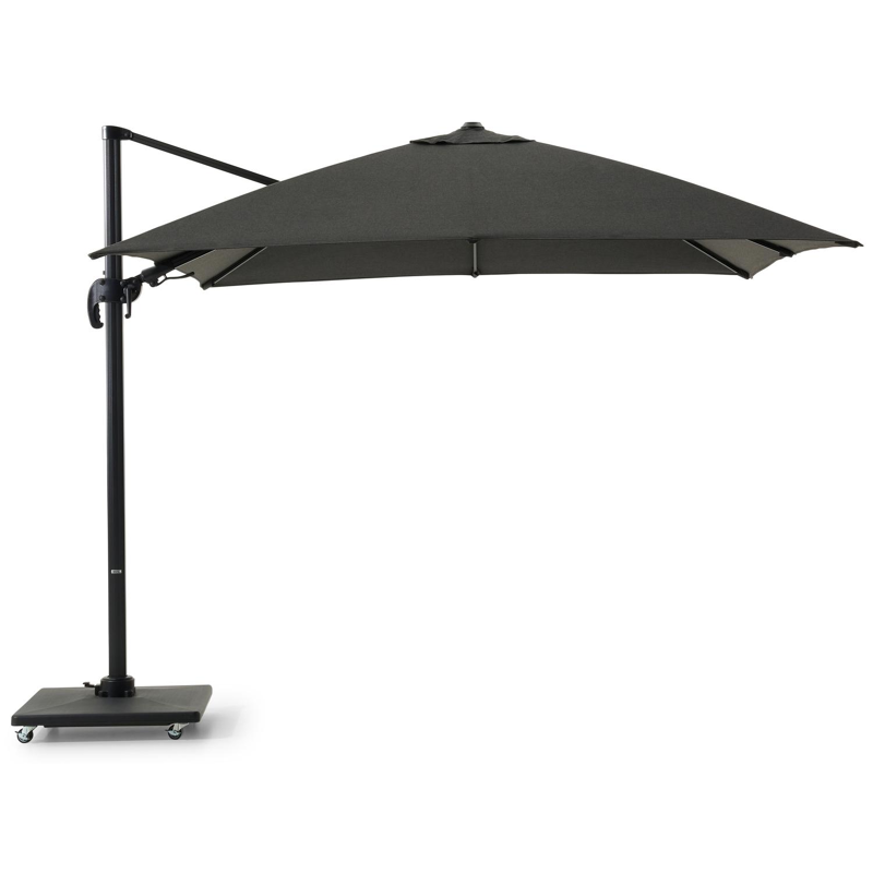 Avola zweefparasol met tiltfunctie in zwart aluminium en Natte Sooty Sunbrella® Premium parasoldoek - L1 300 x L2 300 cm met Avola parasolvoet 90 kg