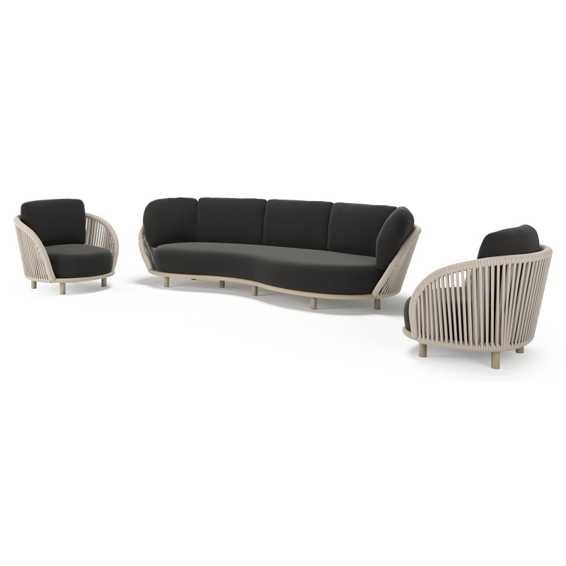 Salon de jardin Lupino en aluminium beige et corde large plate de luxe tissée verticalement beige et coussins en all weather sunbrella® luxe natte sooty