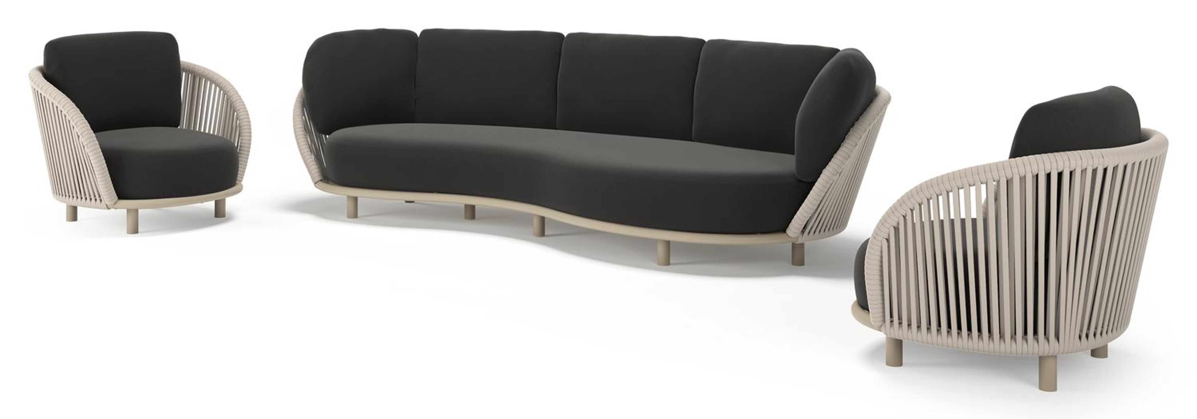 Lupino loungeset in beige aluminium en beige verticaal geweven luxe vlakke brede rope met natte sooty all weather sunbrella® luxe kussen