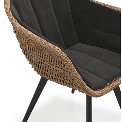 Pagino tuinstoel in zwart aluminium en bruin ronde wicker met zitkussen in All Weather Sunbrella® Luxe Natte Sooty