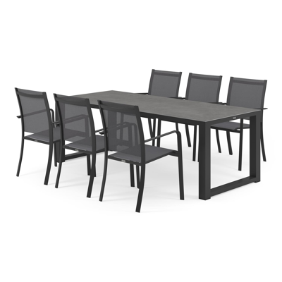 Ensemble de jardin Livo en aluminium noir avec plateau de table en céramique pleine gris et 6 chaises de jardin empilables Calobra