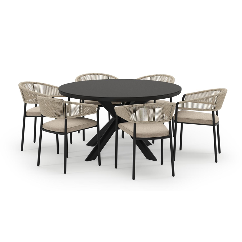 Pamplona ensemble de jardin ronde en aluminium noir en sintered stone notte minerale avec 6 chaises de jardin Zamora
