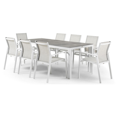 Toma tuinset in wit aluminium en grijs keramische print tafelblad met 8 stapelbare Bahia tuinstoelen