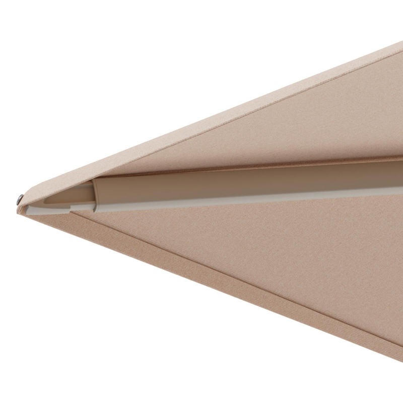 Parasol pendant Minore avec fonction tilt en aluminium beige et toile de parasol All Weather Sunbrella® Luxe Natte Linen Chalk - Lg1 400 x Lg2 300 cm avec pied de parasol Minore 260 kg avec roulettes