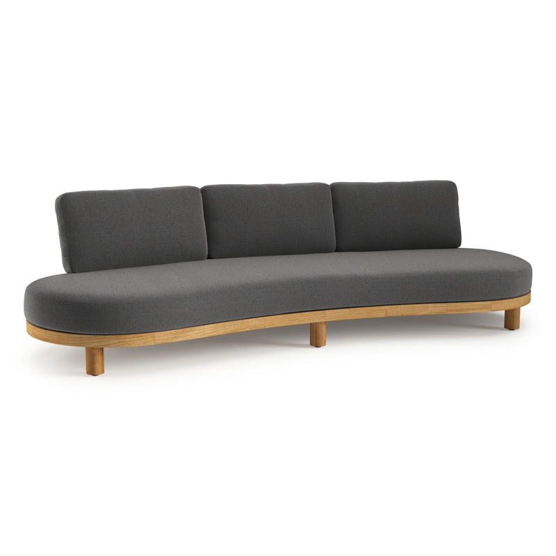 Canapé de jardin Donato en teck et corde ronde tissée verticalement beige et coussins en all weather sunbrella® luxe Savane Tornado