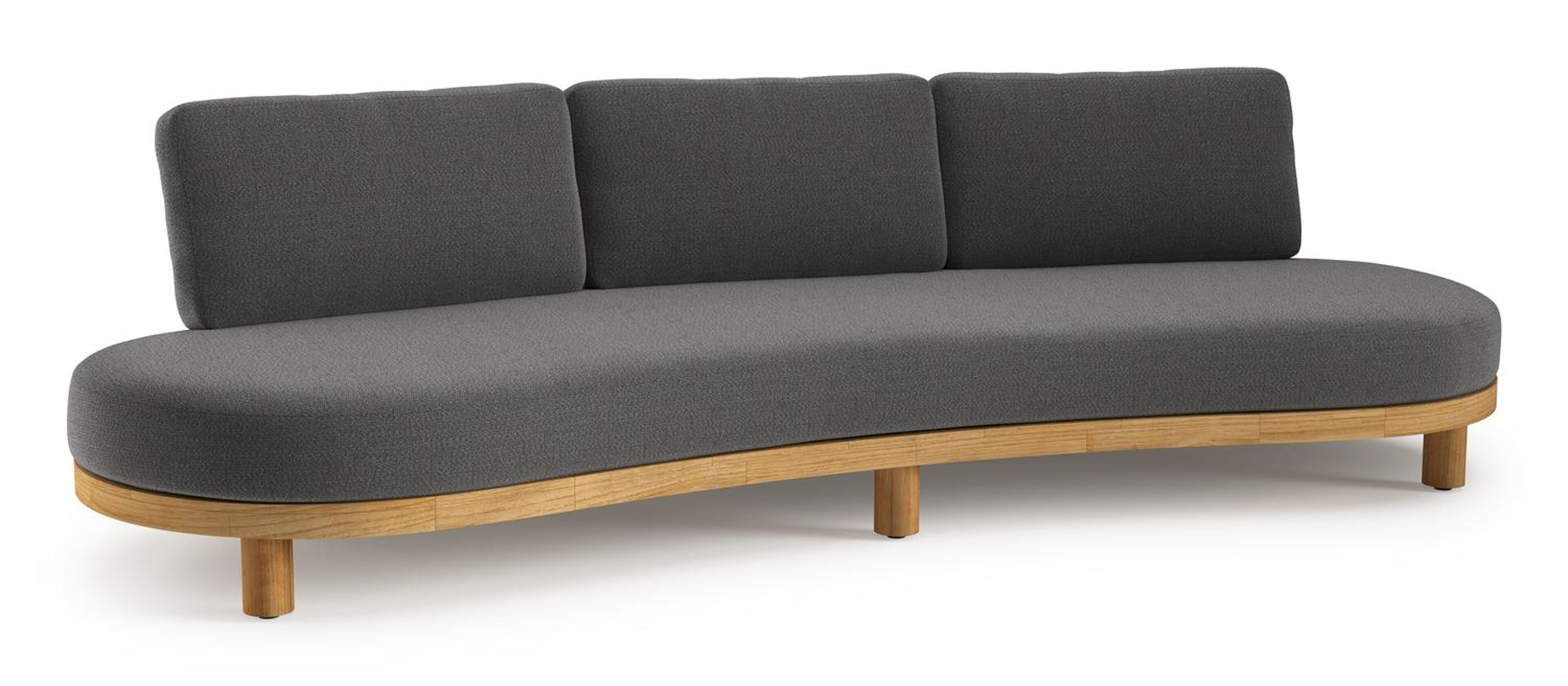 Canapé de jardin Donato en teck et corde ronde tissée verticalement beige et coussins en all weather sunbrella® luxe Savane Tornado