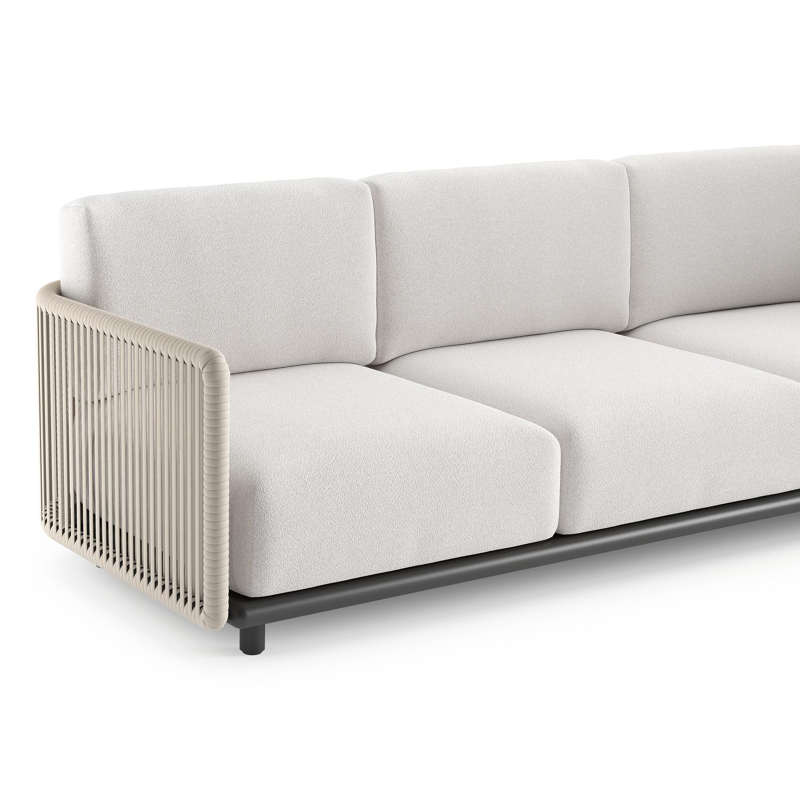 Canapé de jardin Organo en aluminium noir et corde luxe plate tissée verticalement beige et coussin en all weather Solica soul optik