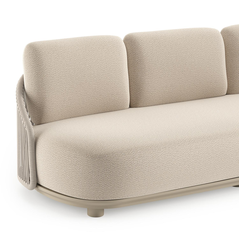 Canapé de jardin Vadelo en aluminium beige et corde ronde tissée verticalement beige et coussins en all weather sunbrella® luxe lopi sand