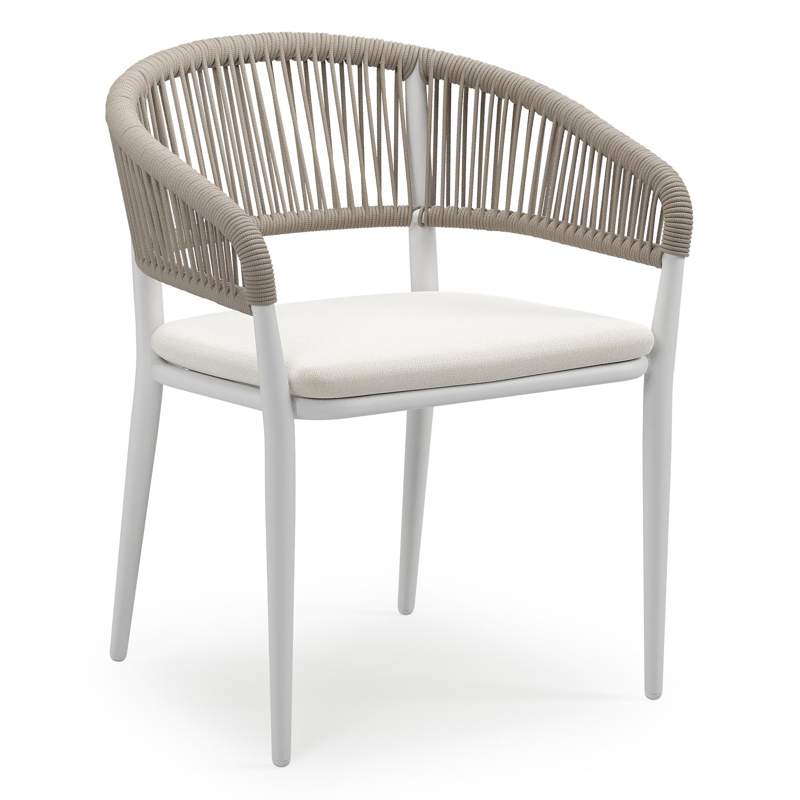 Tolfa stapelbare tuinstoel in wit aluminium en beige verticaal geweven ronde rope met stoelkussen in All Weather Sunbrella® Luxe Savane White