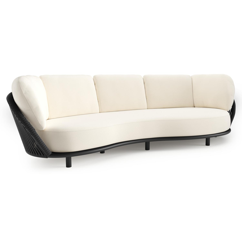 Canapé de jardin Lupino en aluminium noir et corde large plate de luxe tissée verticalement noir et coussins en all weather sunbrella® luxe natte white