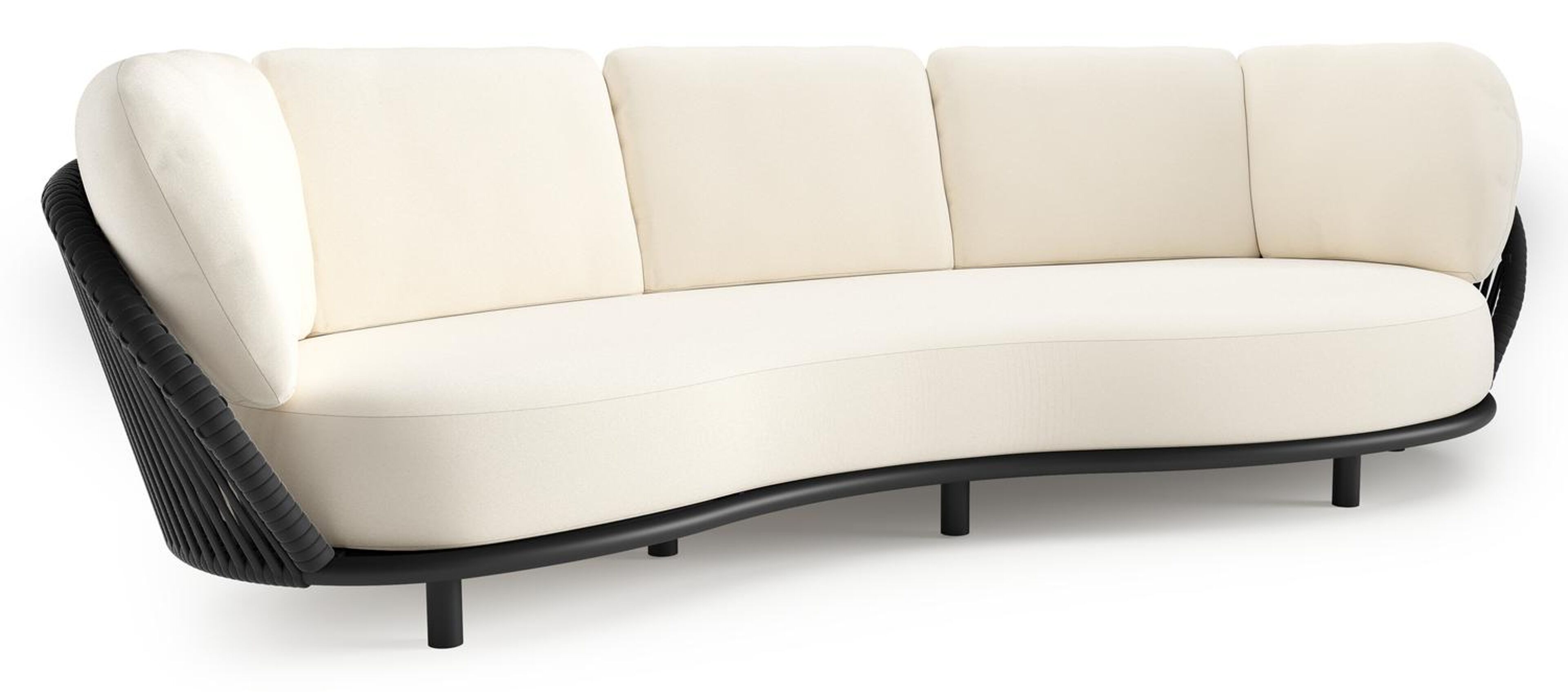 Canapé de jardin Lupino en aluminium noir et corde large plate de luxe tissée verticalement noir et coussins en all weather sunbrella® luxe natte white