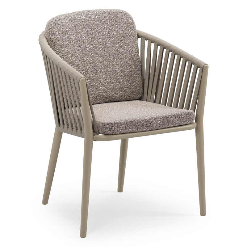 Chaise de jardin empilable Orso en aluminium beige et corde large plate de luxe tissée verticalement beige avec coussin en All Weather Sunbrella® Luxe Wander Granite