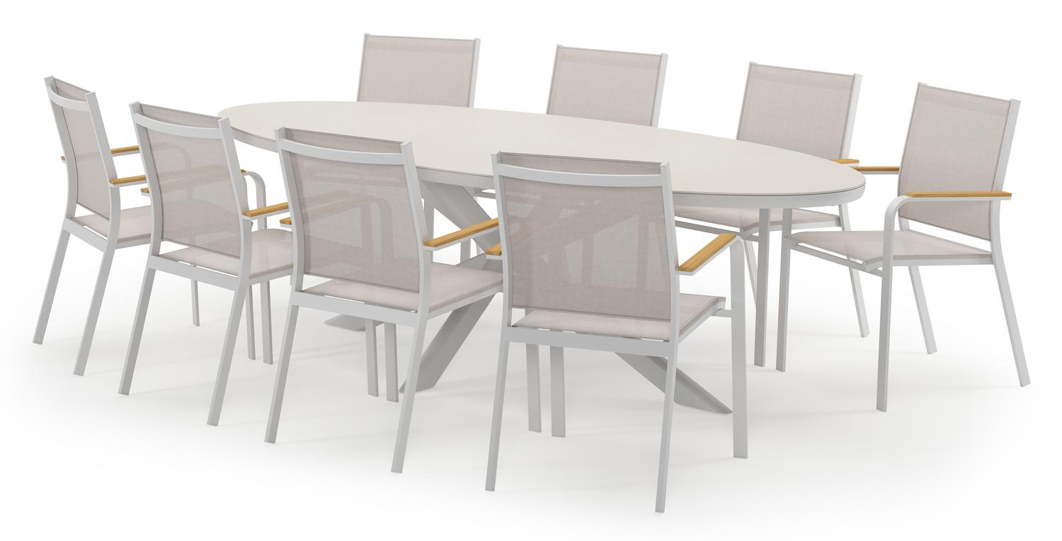 Pamplona ensemble de jardin ovale en aluminium blanc en sintered stone crema minerale avec 8 chaises de jardin Amalfi