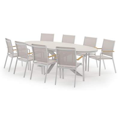 Pamplona ovale tuinset in wit aluminium en sintered stone crema minerale met 8 Amalfi tuinstoelen