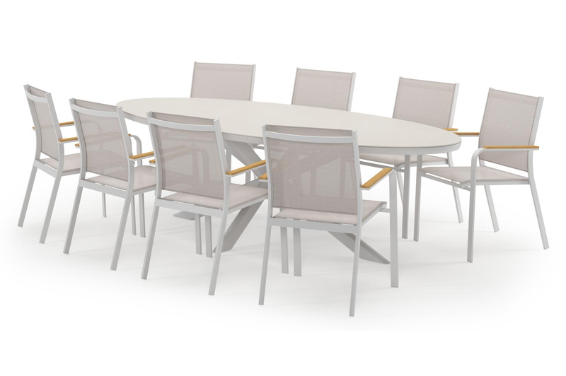 Pamplona ovale tuinset in wit aluminium en sintered stone crema minerale met 8 Amalfi tuinstoelen