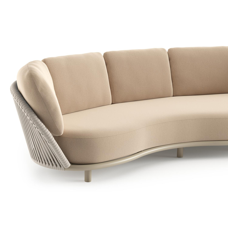 Lupino loungeset in beige aluminium en beige verticaal geweven luxe vlakke brede rope met natte heather beige all weather sunbrella® luxe kussen