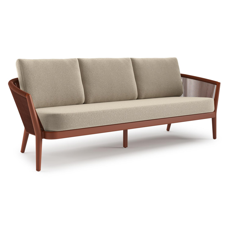 Orso loungebank in roestbruin aluminium en roestbruin verticaal geweven ronde rope met Marbella Sand all weather cosytica kussen