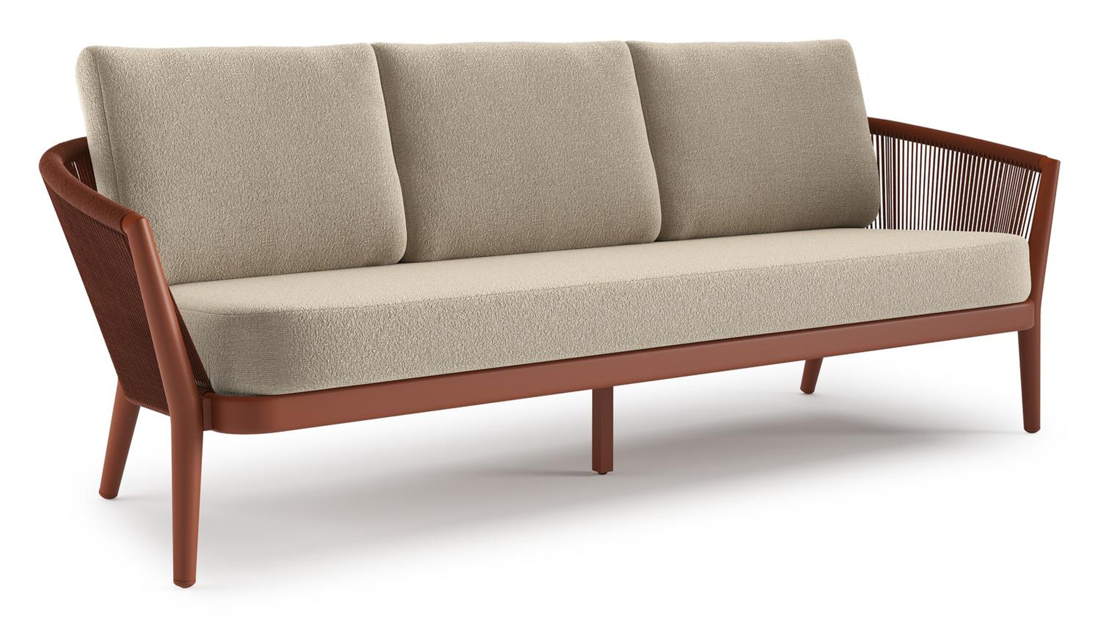Orso loungebank in roestbruin aluminium en roestbruin verticaal geweven ronde rope met Marbella Sand all weather cosytica kussen