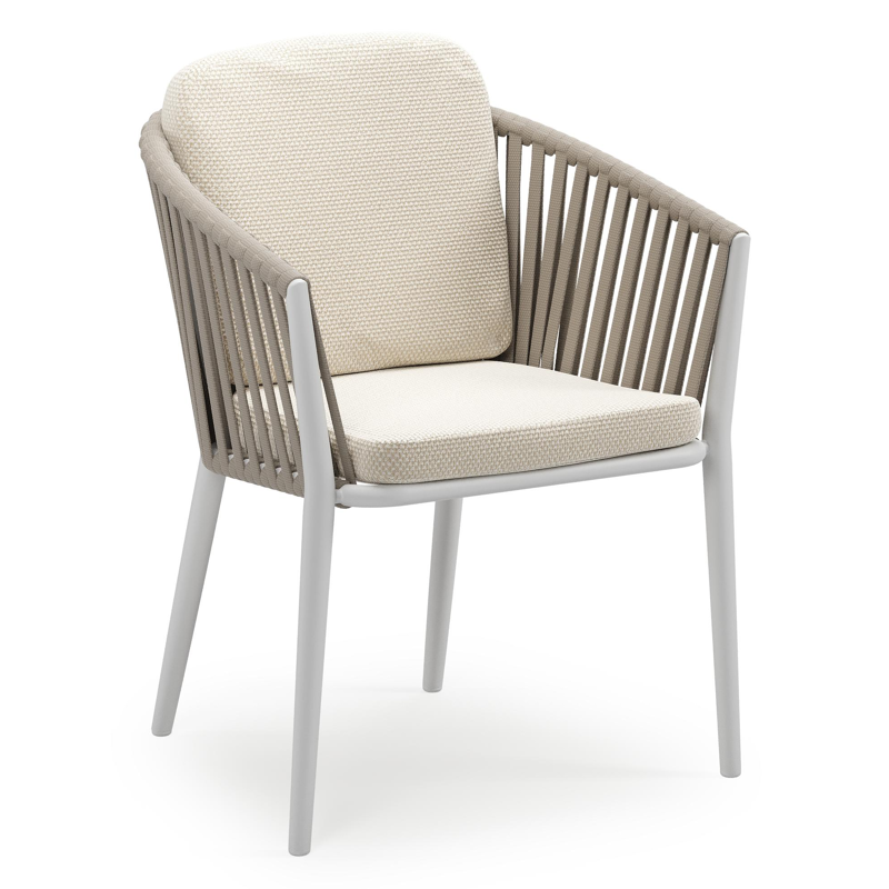 Orso stapelbare tuinstoel in wit aluminium en beige verticaal geweven luxe vlakke brede rope met stoelkussen in All Weather Cosytica Althea Off White