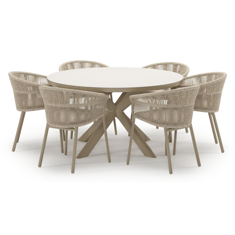 Pamplona tuinset in beige aluminium en crema minerale sintered stone met 6 stapelbare Matera tuinstoelen