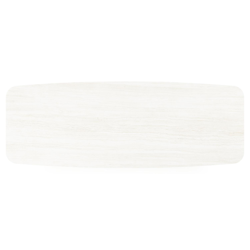 Table de jardin Pagino forme de bateau en aluminium beige et céramique pleine Calista Lg. 315 x Lrg. 115 x Haut. 73 cm