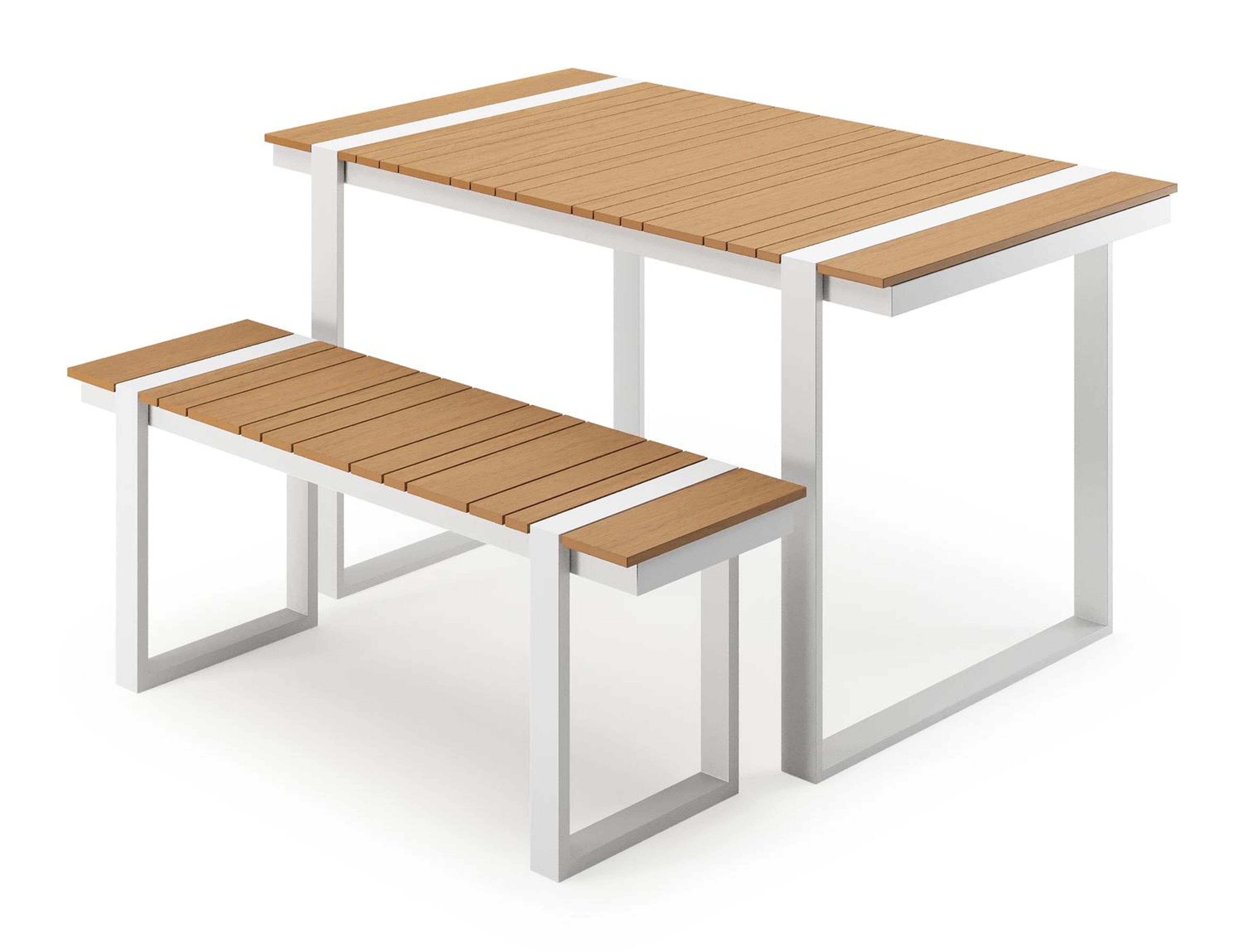 Table basse et banc Merida en blanc aluminium et polywood - Lg. 123 x Lrg. 70 x Haut. 70 cm