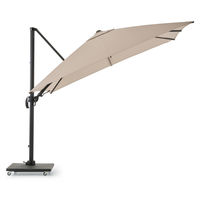 Avola zweefparasol met tiltfunctie in zwart aluminium en natural Weather+ Softtouch parasoldoek - L1 300 x L2 300 cm met Avola parasolvoet 90 kg
