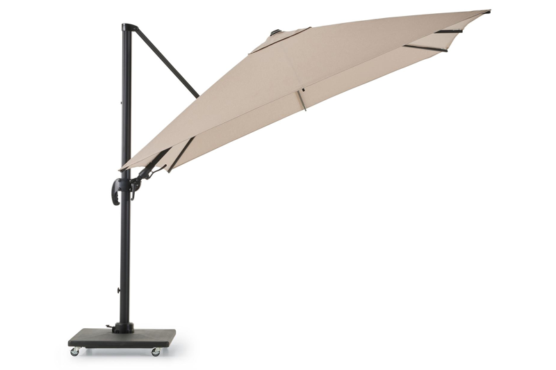 Avola zweefparasol met tiltfunctie in zwart aluminium en natural Weather+ Softtouch parasoldoek - L1 300 x L2 300 cm met Avola parasolvoet 90 kg