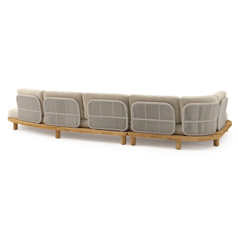 Donato loungehoek in teak en beige verticaal geweven ronde rope met all weather cosytica Althea Camel kussen