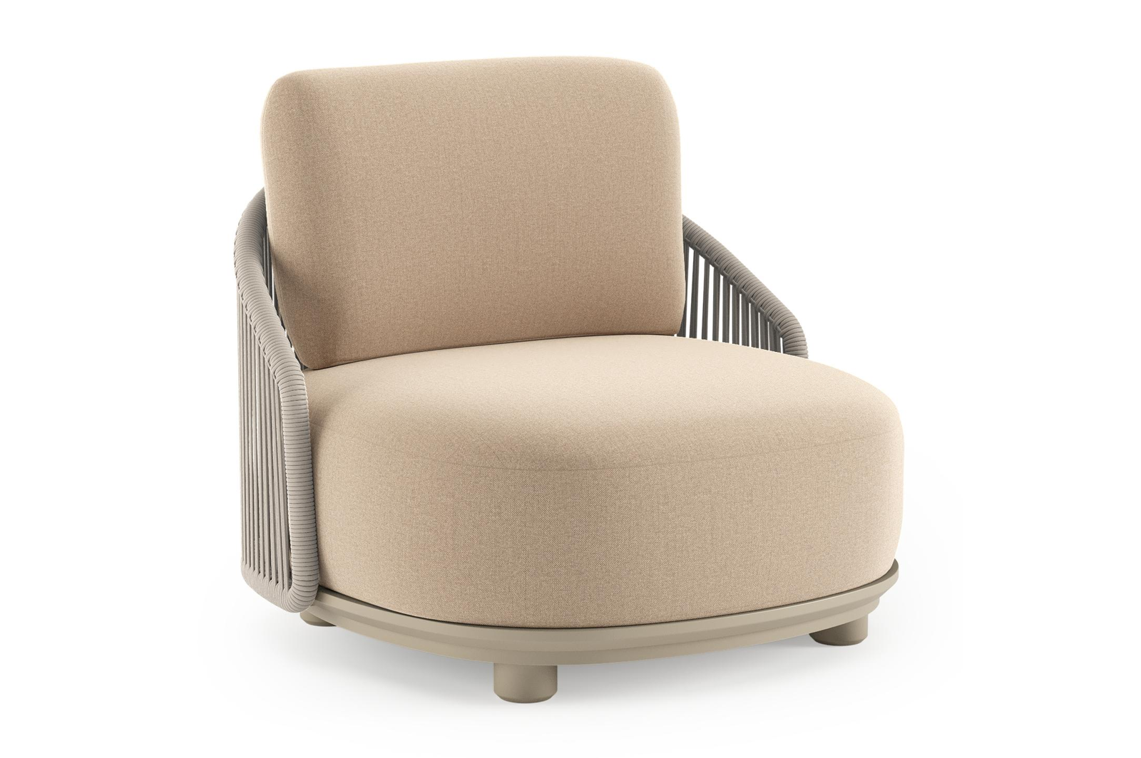 Fauteuil de jardin Vadelo en aluminium beige et corde ronde tissée verticalement beige et coussins en all weather sunbrella® luxe natte heather beige