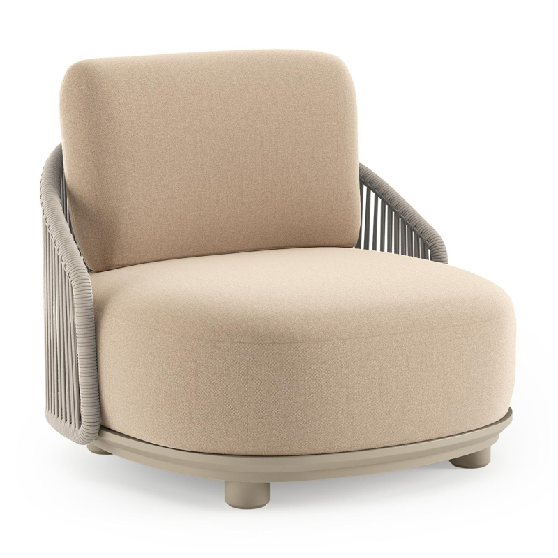 Fauteuil de jardin Vadelo en aluminium beige et corde ronde tissée verticalement beige et coussins en all weather sunbrella® luxe natte heather beige