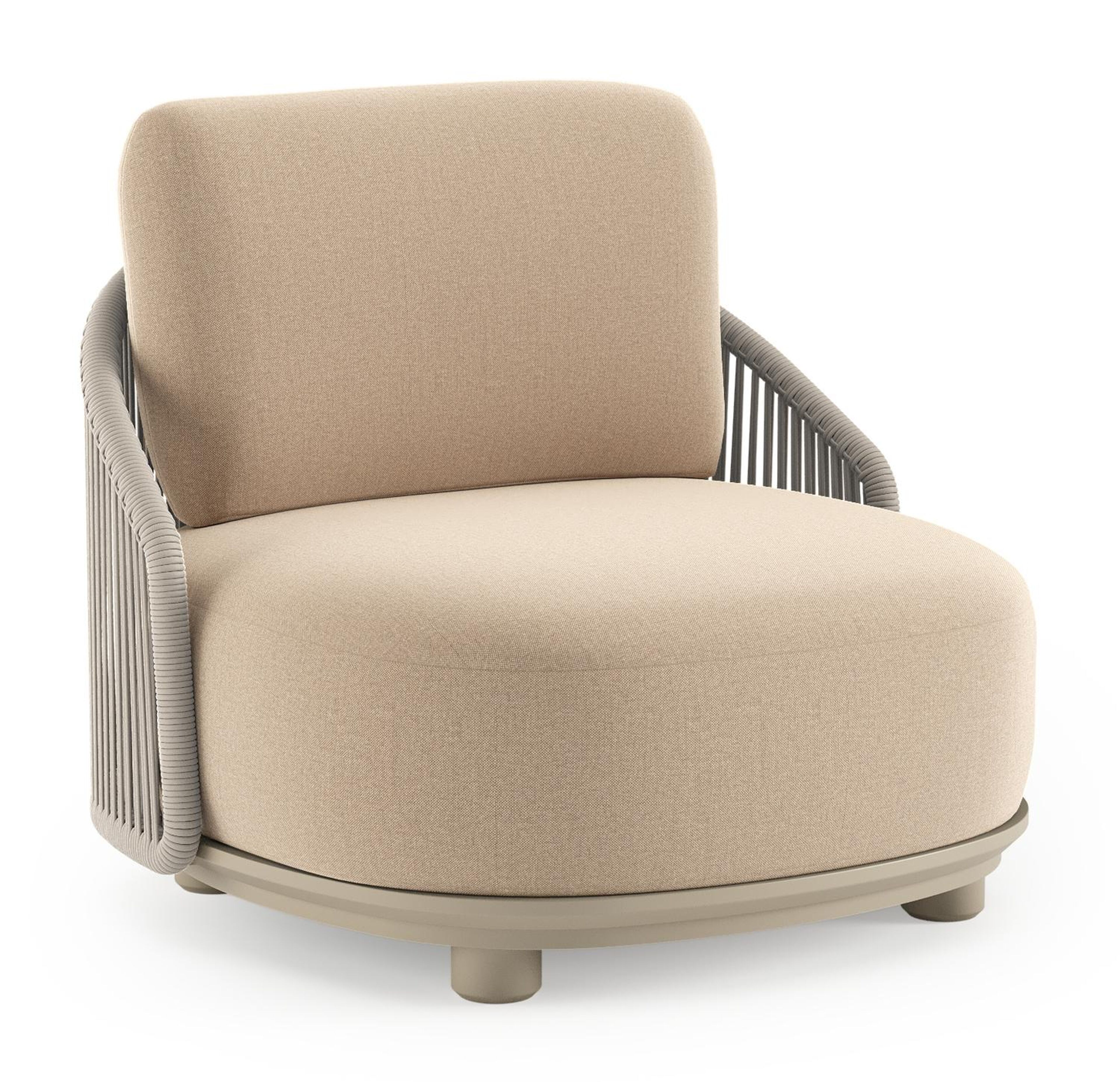 Vadelo loungestoel in beige aluminium en beige verticaal geweven ronde rope met natte heather beige all weather sunbrella® luxe kussen