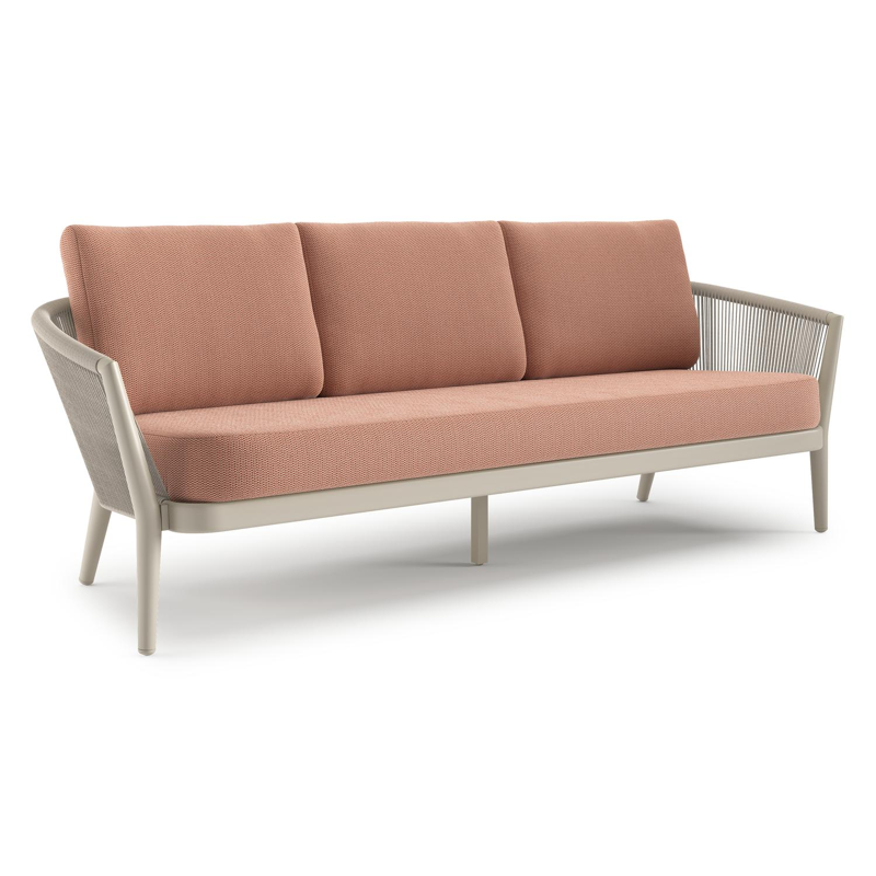 Orso loungebank in beige aluminium en beige verticaal geweven ronde rope met Lopi Fawn all weather sunbrella® luxe kussen