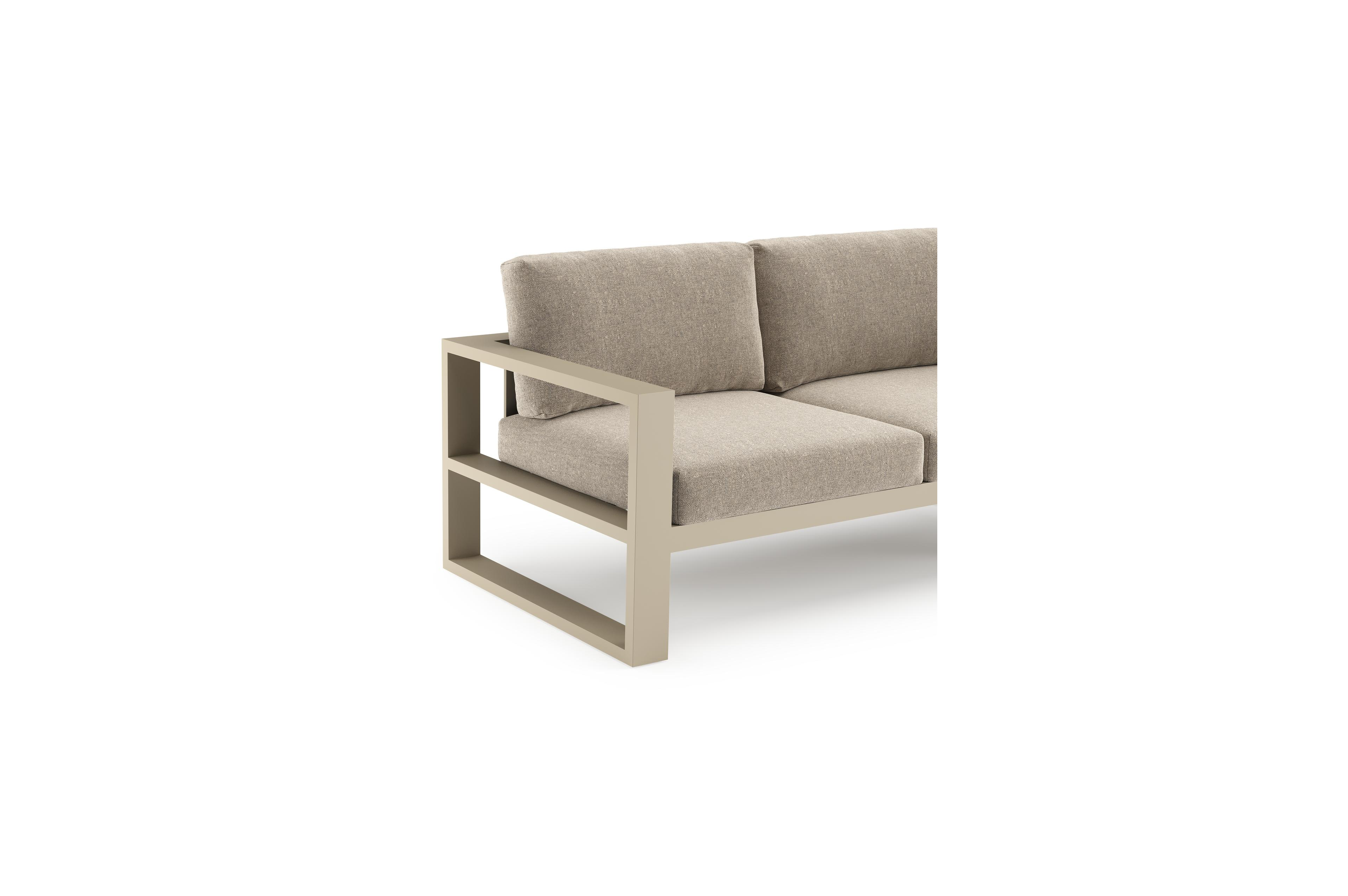 Salon de jardin d'angle Verato en aluminium beige et coussins en all weather sunbrella® luxe chartres pewter