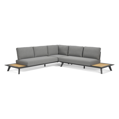 Salon de jardin d'angle Puglia en aluminium noir et teck avec coussin en gris all weather sunbrella® premium