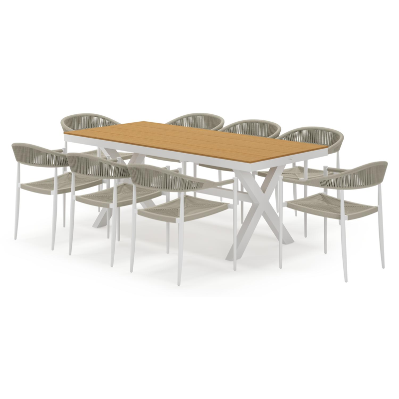 Bahia tuinset rechthoekig in wit aluminium en polywood met 8 Guarda tuinstoelen