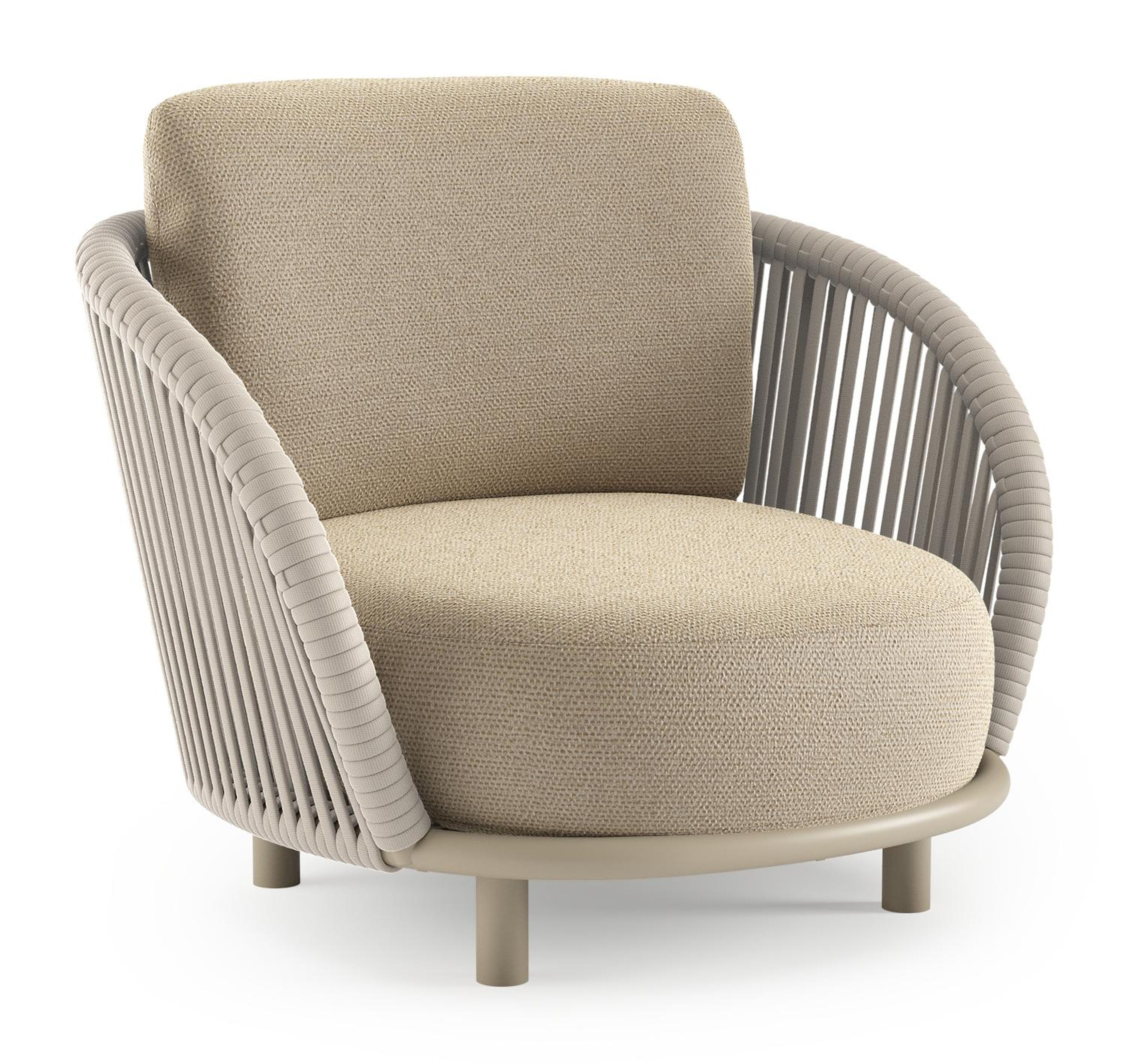 Lupino loungestoel in beige aluminium en beige verticaal geweven luxe vlakke brede rope met althea camel all weather cosytica kussen