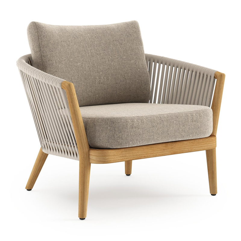 Fauteuil de jardin Orso en tecken corde luxe plate tissée verticalement beige et coussins en all weather sunbrella® luxe Chartres Pewter