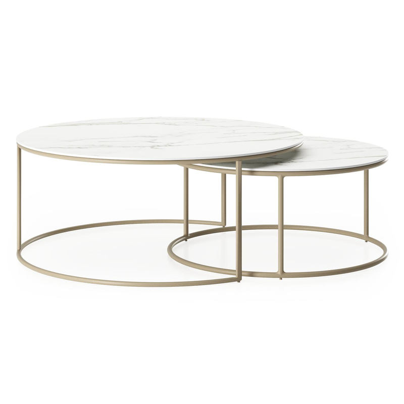 Fano set van 2 loungetafels rond in beige aluminium en volkeramiek Calacatta - Dia. 85 x H 35 cm