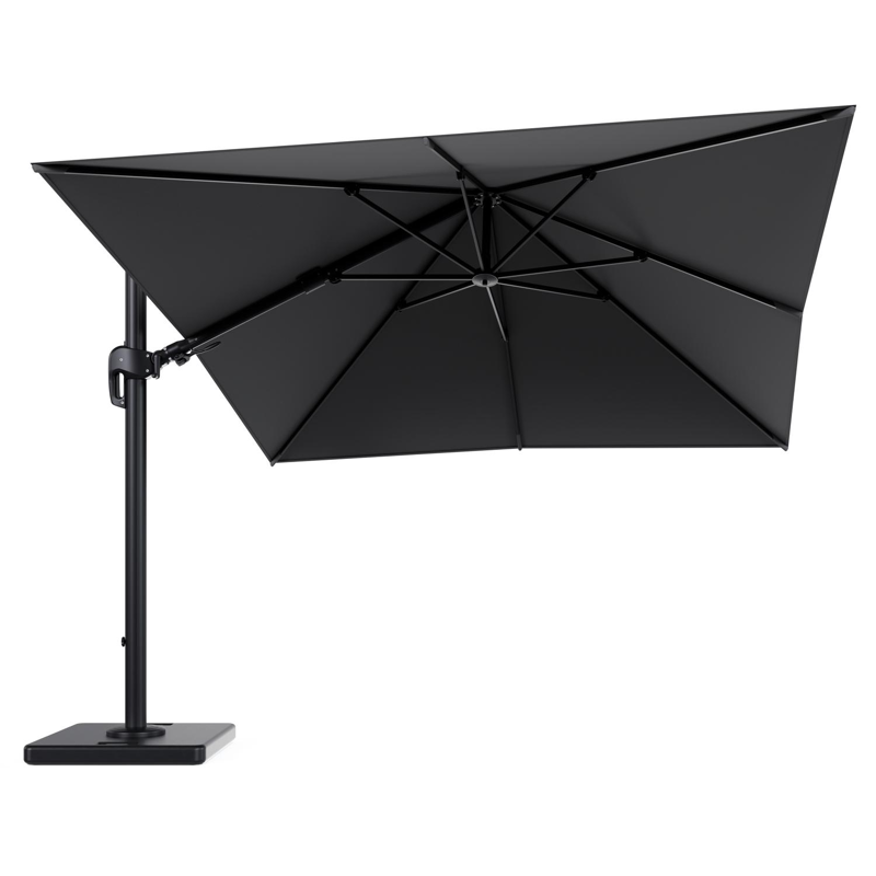 Rufina zweefparasol tiltfunctie in zwart aluminium en parasoldoek in All Weather Sunbrella® Luxe Natte Charcoal Chine - L1 300 x L2 300 cm met parasolvoet Lapido 120 kg