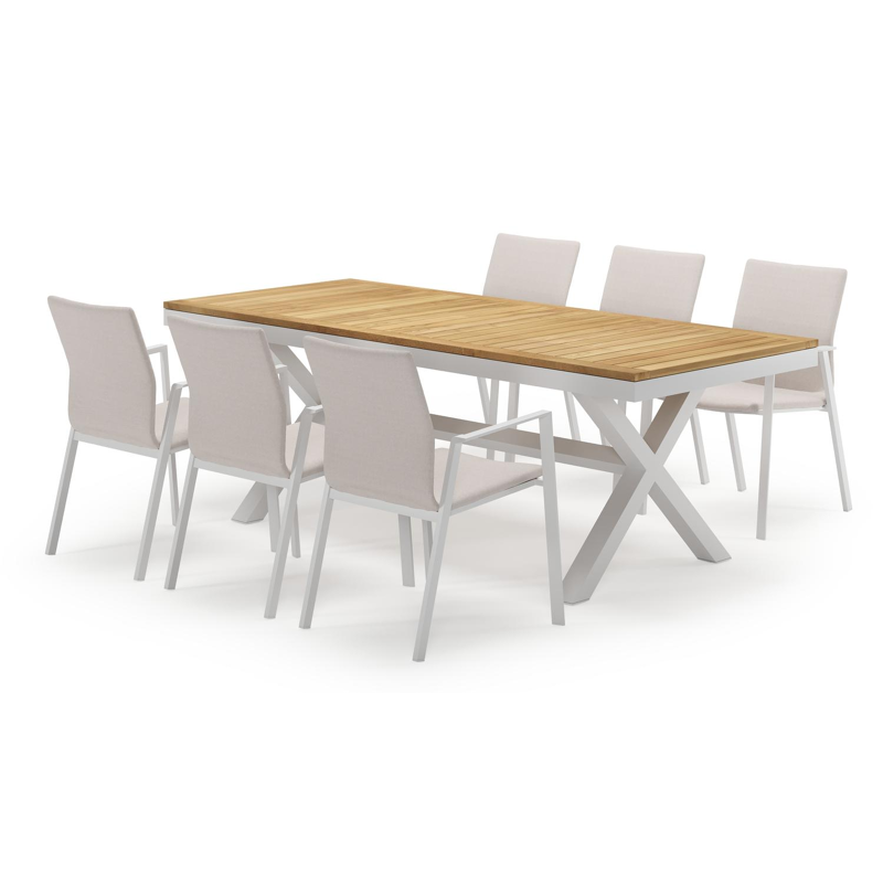 Reza ensemble de jardin rectangulaire en aluminium blanc en teck natural finish avec 6 chaises de jardin Madura